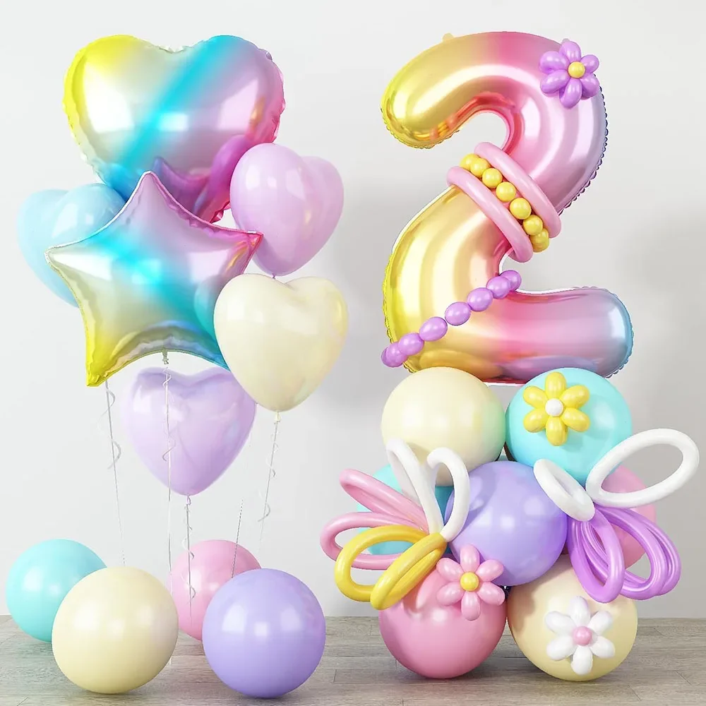 32 Zoll Regenbogen-Farbverlaufsballon mit herzförmigem und sternen Aluminiumfolienballon Pastellballon Geburtstag DIY Ballonständer