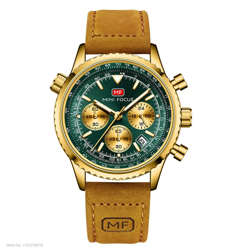 ミニフォーカスステンレス鋼クォーツは、男性ゴールドグリーン