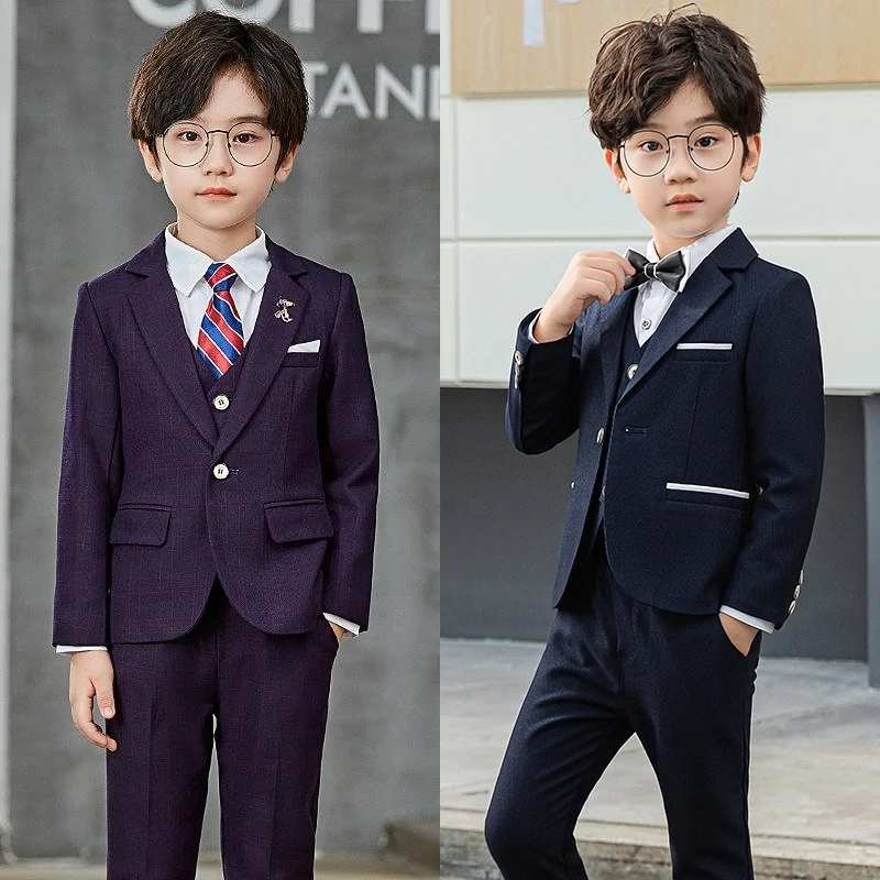 

Flower Boys Wedding Suit Casual Kids Blazer Vest Pants Tie 4Pcs Sets Outfits Children's Day Pinao Performance Tuxedo Costume