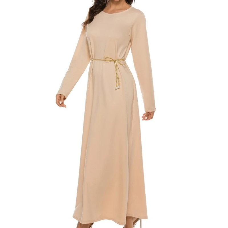 2023 Hot Sale Islamic Women's Muslim Abaya Basic Style Solid Color A- Line Long Sleeve Dress with Belt Casual Wholesale