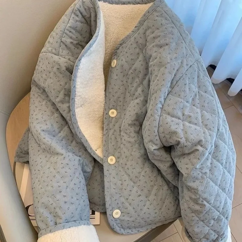 Veste Chic en velours côtelé à fleurs pour femmes, haut coréen en coton à manches longues et col rond, coupe ample, chaud et polyvalent, automne hiver 1