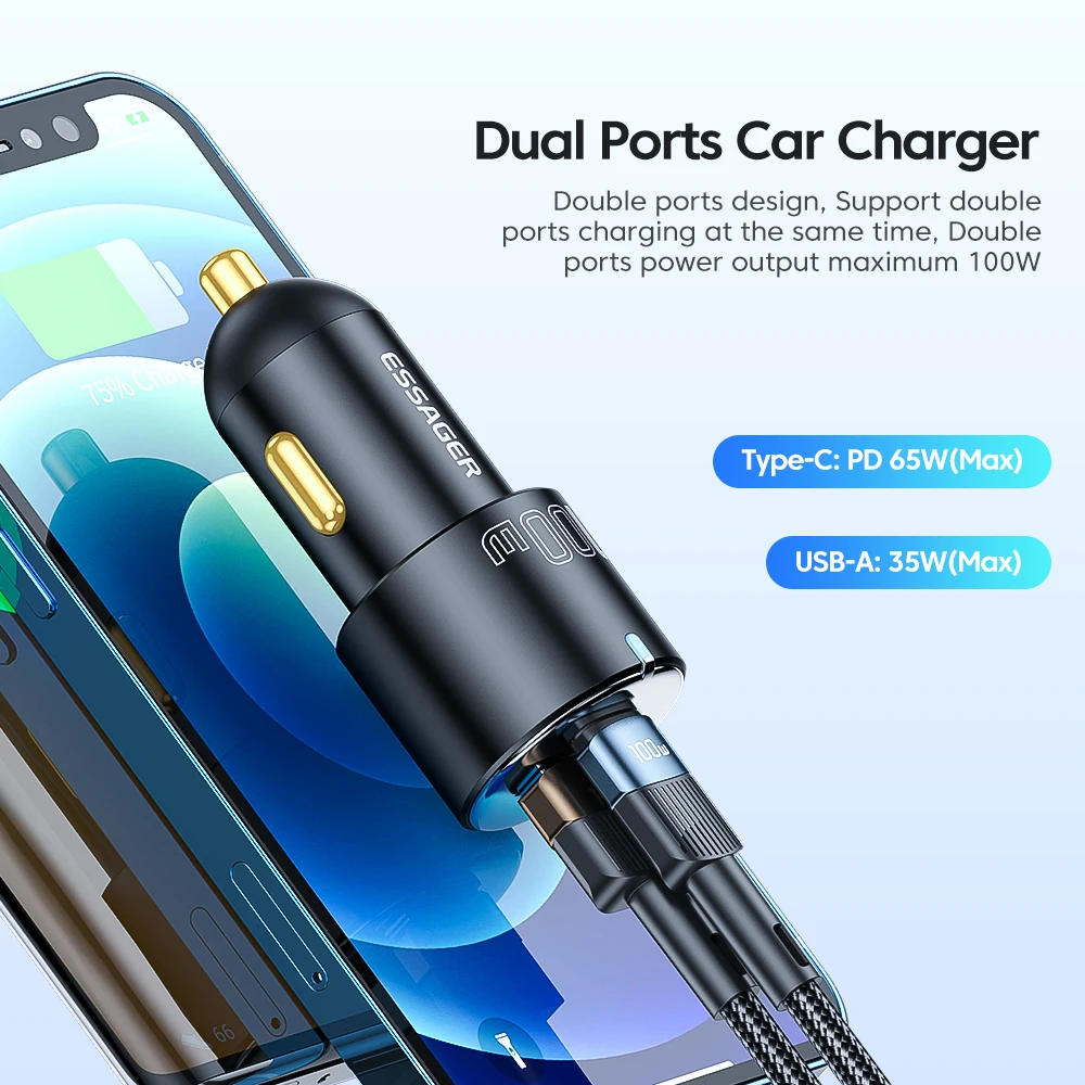Essager PD 100W 66W Car Charger Fast Charging Quick Charger QC PD 3.0 For iPhone 14 Type C USB Car Charger For Samsung Huawei