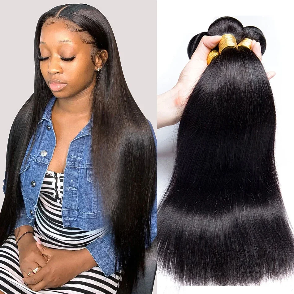 12A Straight Hair Bundles Raw Brazilian Human Hair Extensions For Black Women Natural Color 3/4 Bundles Remy Long 30 Inches
