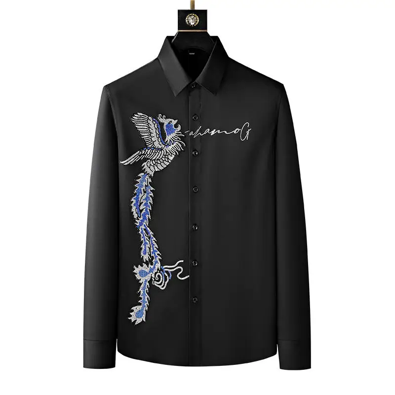 New Spring Autumn Shirt for Men: Single Breasted, Slim Fit, Vertical Collar, Rhinestone Decoration Kemeja Pria Korea Style