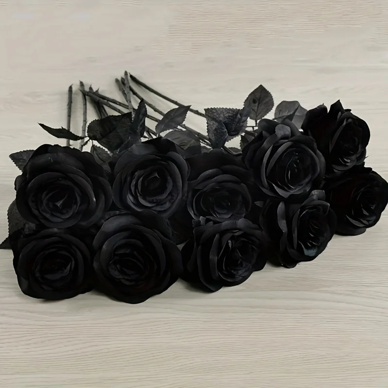 10 Stück Künstliche Schwarze Rosen, Kunstblumen mit Langem Stiel, Ohne Behälter, für Halloween, Heimdekoration, Hochzeitsfeier, Tischdekoration