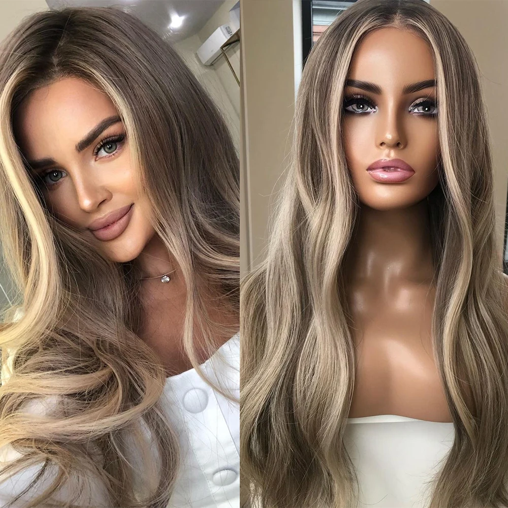 

Dark Ash Blonde HD Lace Wig Highlights Full Lace Human Hair Wigs Dark Roots Pure Virgin Hair Lace Front Wig Slight Wavy 13x6