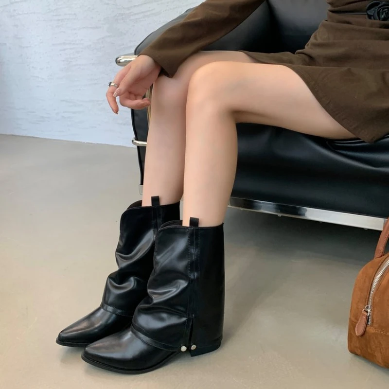 ​​2025 New Women's Western Cowboy Boots - Mid Calf Pointed Toe Chunky Heel Vintage Leather Boots for Women Autumn Winter Boots - 6