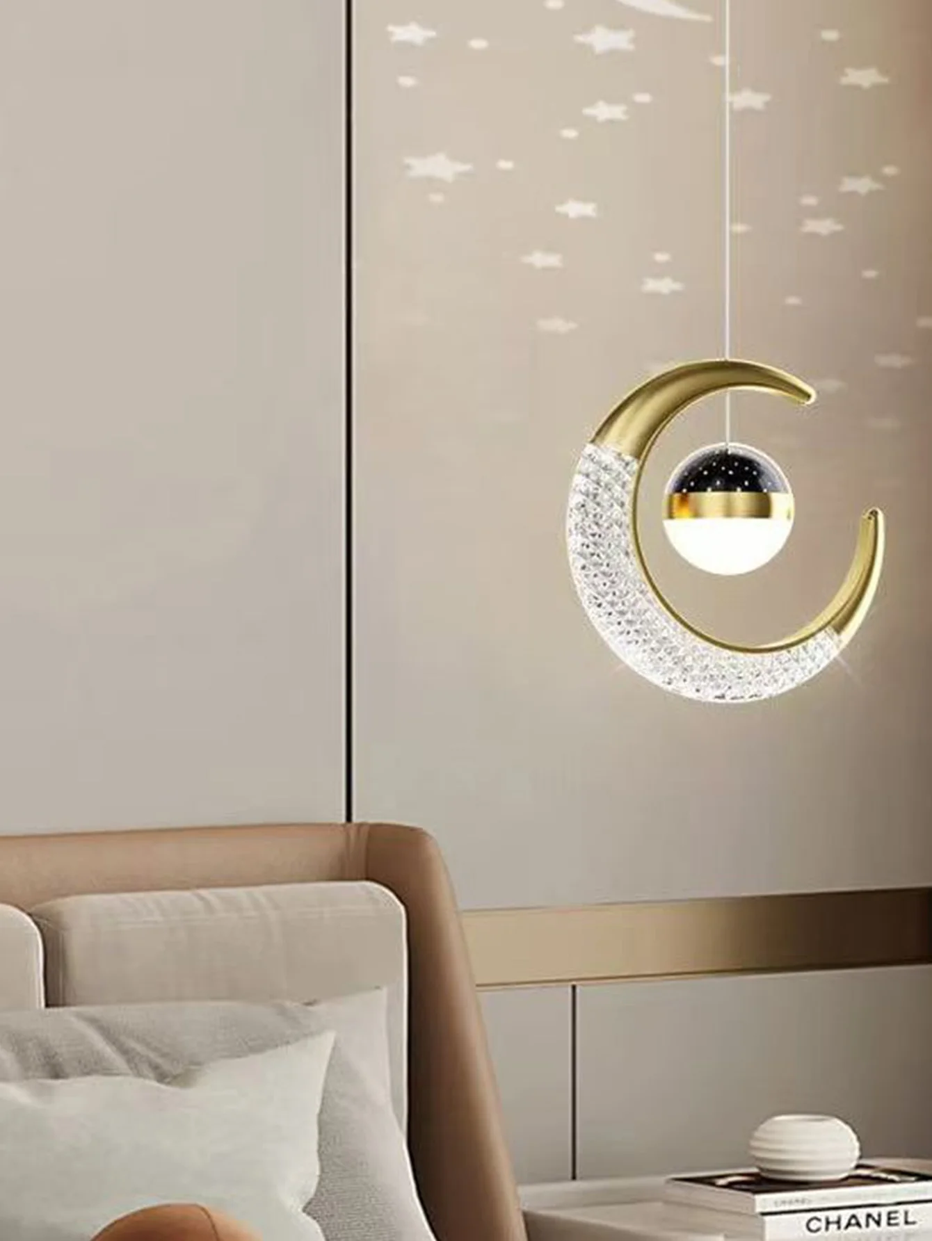 Gold Acrylic Moon Bedside High Translucent Shade Pendant Light for Dining Room, Bedroom Home Decor, Adjustable Pendant