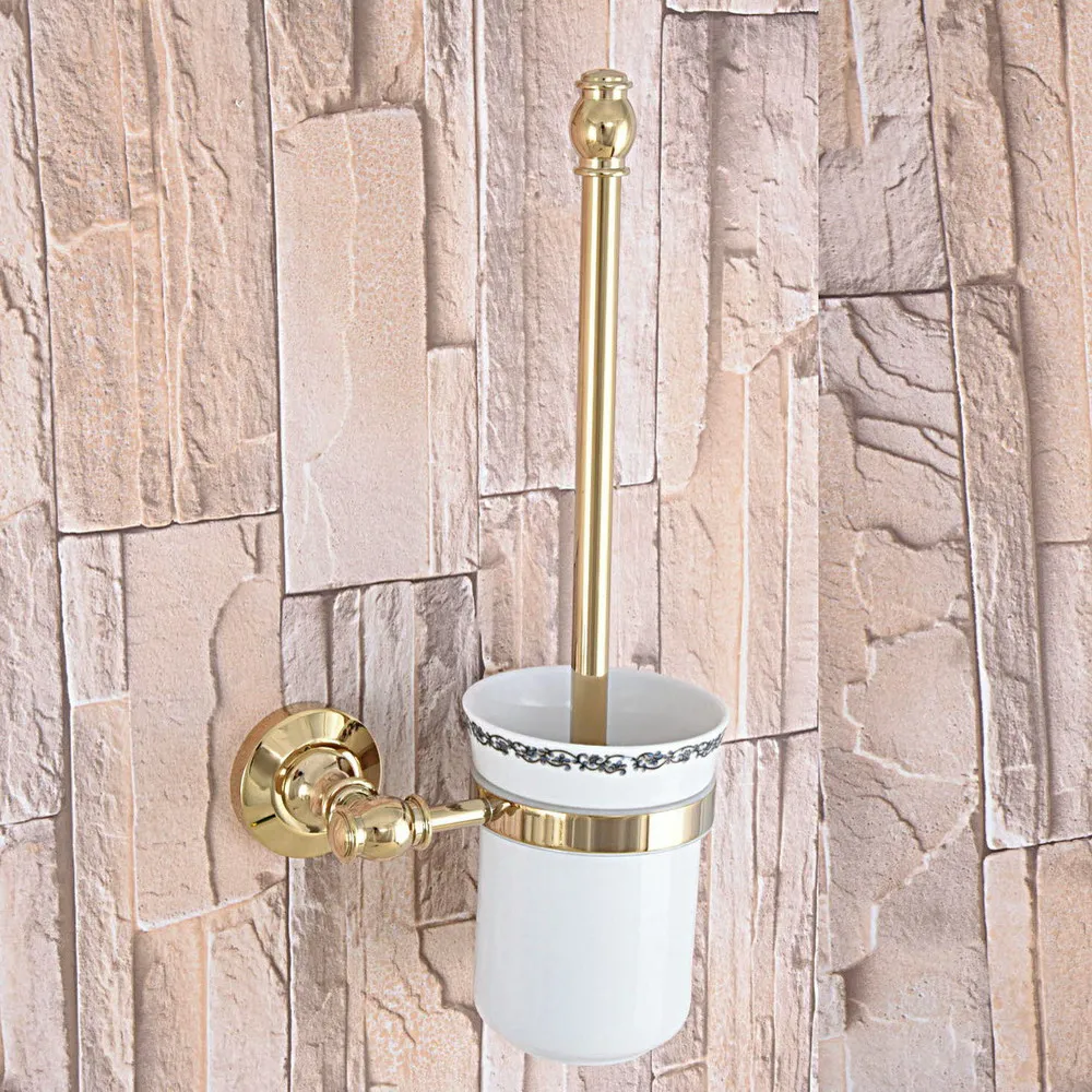 

Golden Brass Bathroom Accessories Toilet Brush Holders with cup set Wall Mounted Brush Holder Sanitary wares zba314