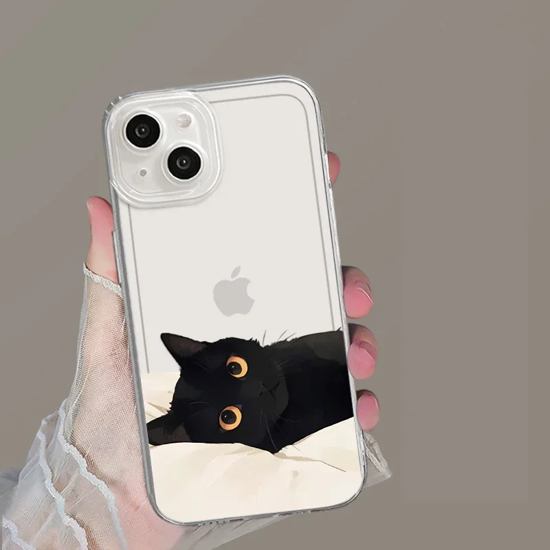 Black Cat Couple Clear Phone Case – Transparent Protective Cover with Whimsical Design