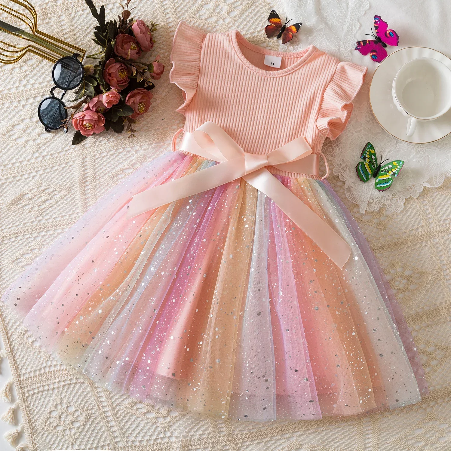 Girls Dress Sequins Rainbow Tulle Dress for 1-5Y Toddler Girls Birthday 2025 Summer Wear