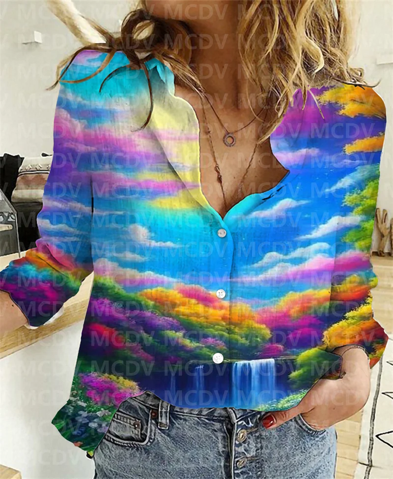 Women Linen Shirt Beautiful Scenery Art 3D Printed Button-down Shirt Casual Unique Streewear