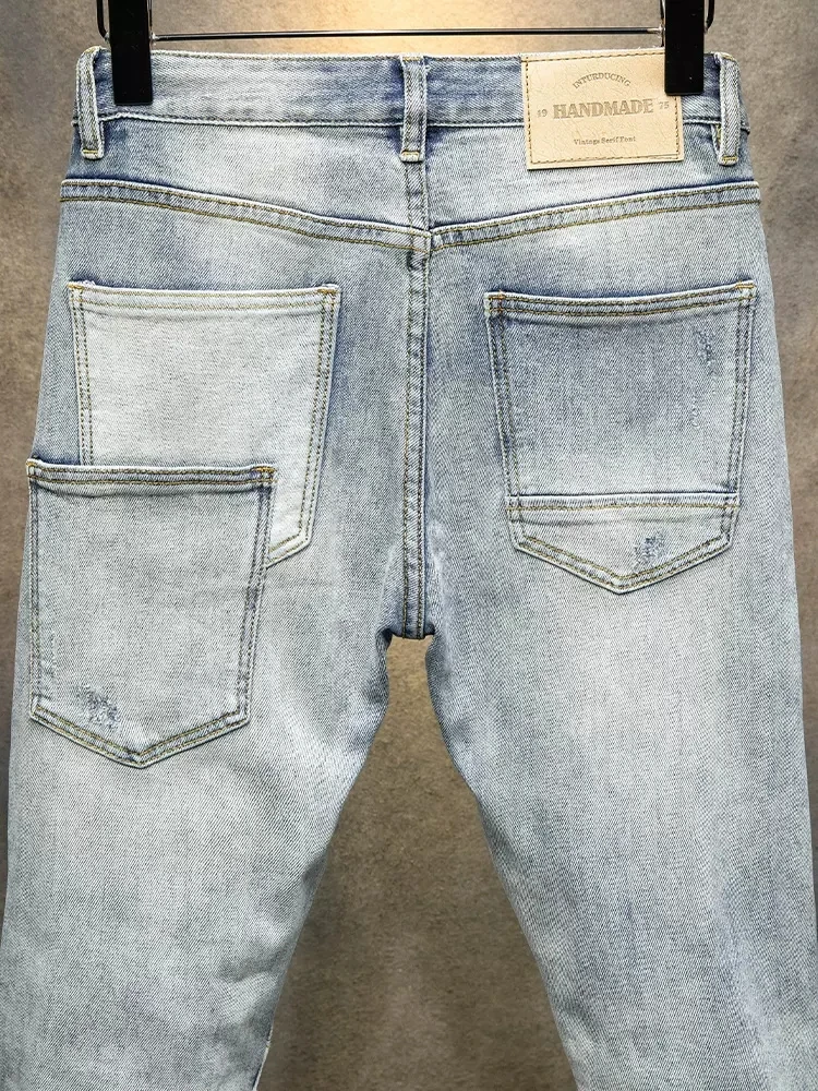 Street Fashion Men Jeans Retro Light Gray Blue Elastic Slim Fit Ripped Jeans Men Spliced Designer Multi Pockets Hip Hop Pants