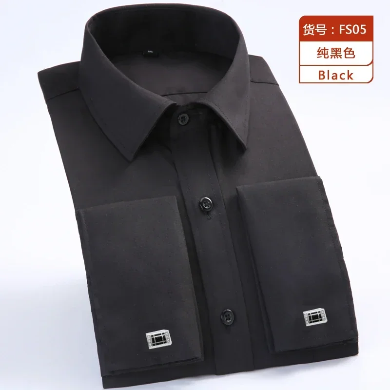 2023 Men French Cufflinks Shirts White Collar Design Solid Color Jacquard Fabric Male Gentleman Dress Long Sleeves Shirt