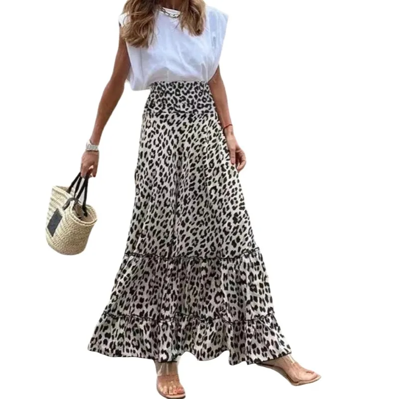 Fashion Leopard Print Skirt for Women New Summer Big Swing Skirt High Waist A-line Long Skirts 8679
