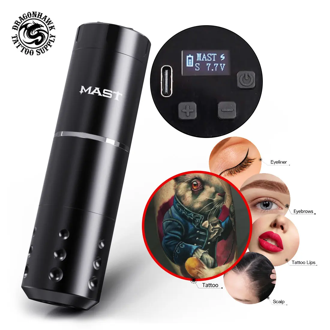 Dragonhawk MAST A1 Professional Wireless Rotary Tattoo Machine Portable Power Coreless Motor LED
