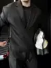 Casual and Simple Men Solid Color V-neck Side Zipper Suit 4