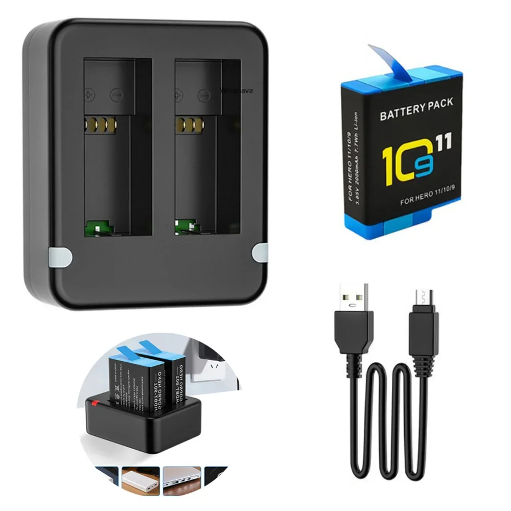 

JIMITU Dual Port Slot Double Battery Charger For Gopro Go Pro Hero 12 11 10 9 Black with USB Cable Action Camera Accessory