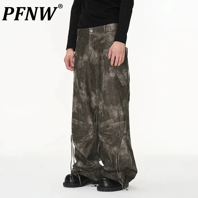 

PFNW Washed Men's Leather Casual Pants Worn Out Zipper Spliced Vintage High Street Male Trousers 2023 Autumn Stylish New 28W1887