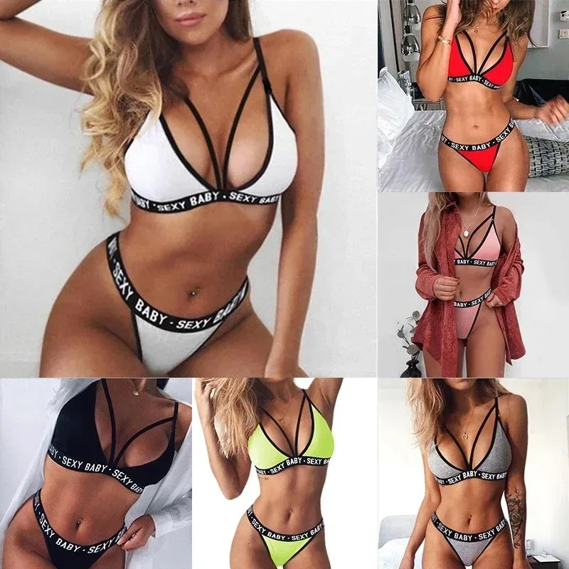 Summer Women Sexy Letter Printed Underwear Set Bandage Corset G-String Backless Seamless Push Up Bra Thong Sets Female Lingerie