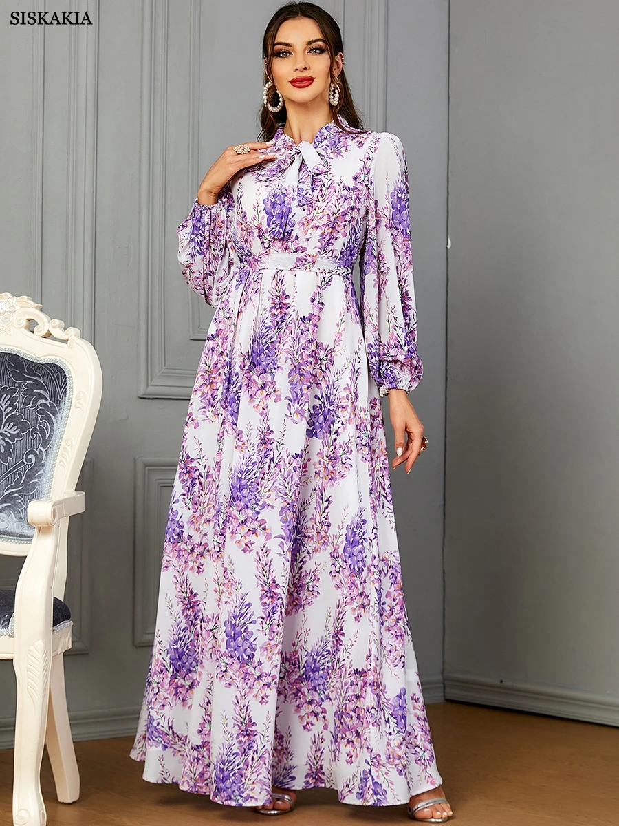 

Siskakia Dubai Fashion Elegant Purple Printing Chiffon Lantern Sleeve Bow Collar Dress With Sashses Evening Party Turkish Abaya