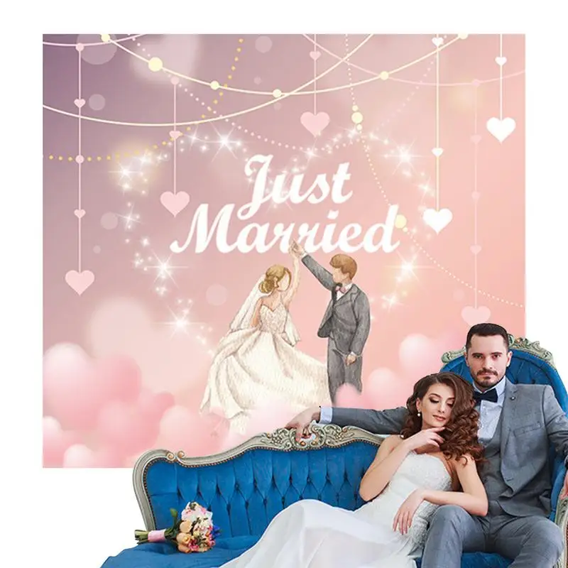 

Just Married Backdrop Romantic Pink Colorful Wedding Backdrop Large Background Banner 200x180cm Wedding Decoration for Valentine