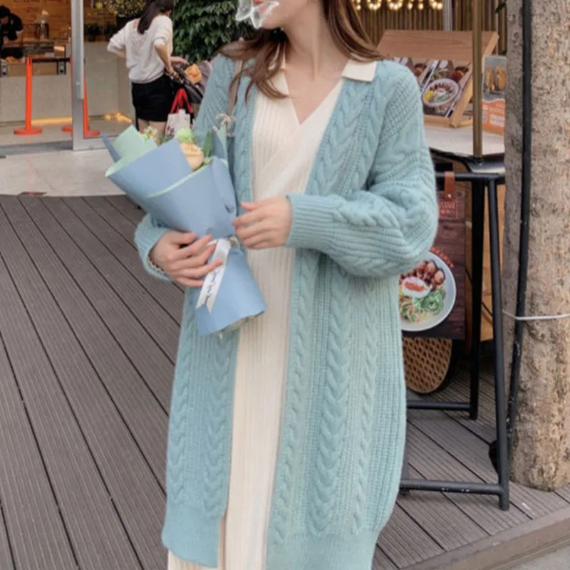 Women Knitted Cardigan Sweater V Neck Loose Long Jacket