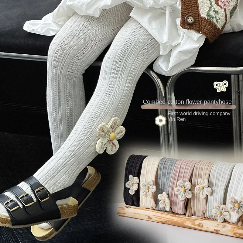 

Весенне-осенние тонкие белые трикотажные хлопковые колготки для девочек с пасторальными цветами для маленьких детей и младенцев