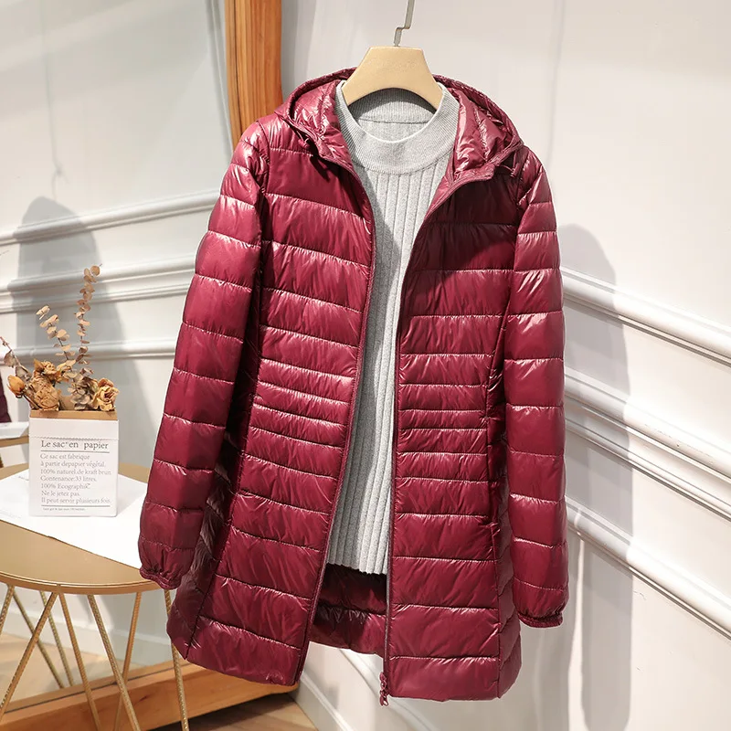 Female Long Warm Down Coat with Portable Storage Bag Women Light Down Jacket Ladies Overcoats Hip-Length High Street 5