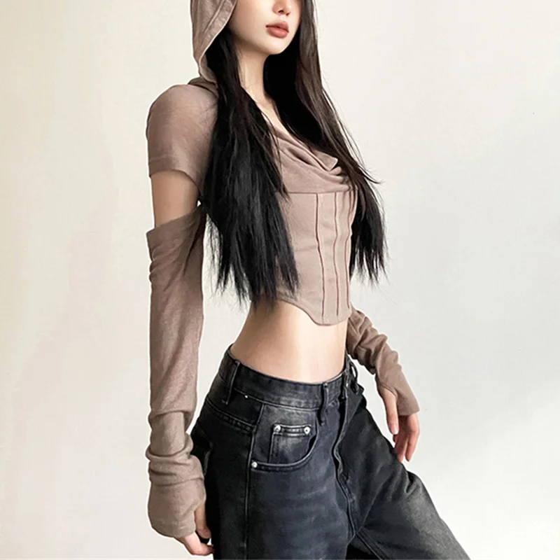 y2k Crop Top Women Punk Gothic Clothes Solid Color Long Sleeve Hooded T Shirt with Thumbhole Wasteland Tee Streetwear