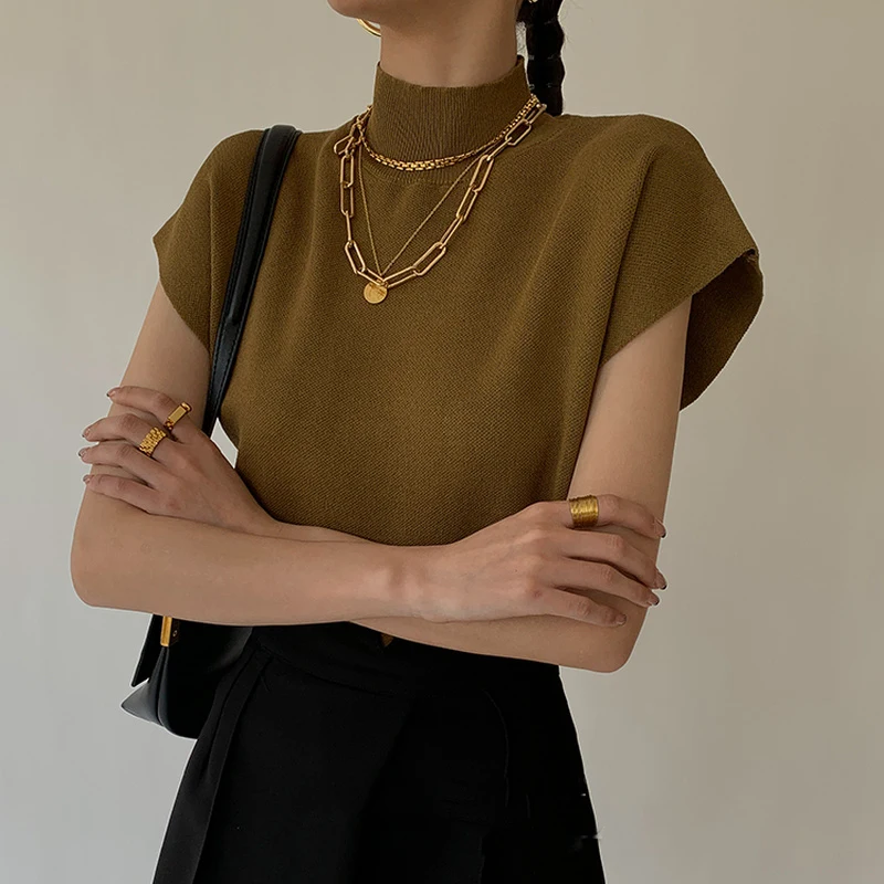 

2023 Summer Women's Stand Collar Knitted Vest Loose Elegant Top Women's Short Sleeve Office Ladies Fashion