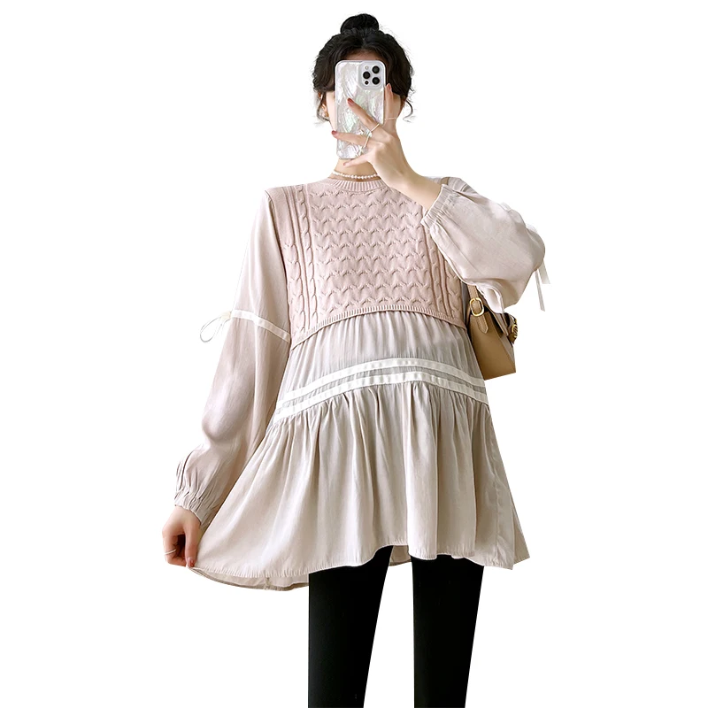 532# Autumn Winter Fashion Patchwork Knitted Maternity Blouses Loose Shirts Clothes for Pregnant Women Cute Pregnancy Tops maternity tops