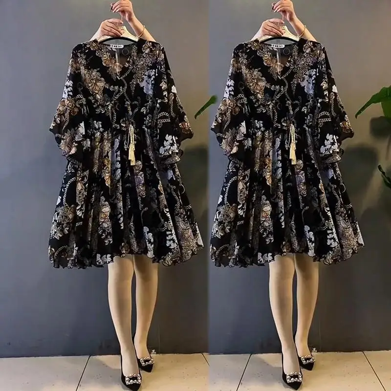 Plus Size Spring Summer Women's Clothing Beach Printing Flare Half Sleeve Fashion V-Neck Floral Chiffon Loose Midi Dresses 6XL