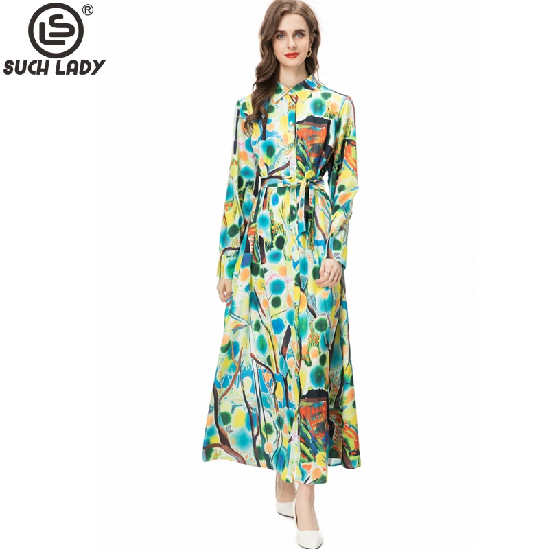 

Women's Runway Dresses Turn Down Collar Long Sleeves Printed Lace Single Breasted Fashion Designer European Vestidos