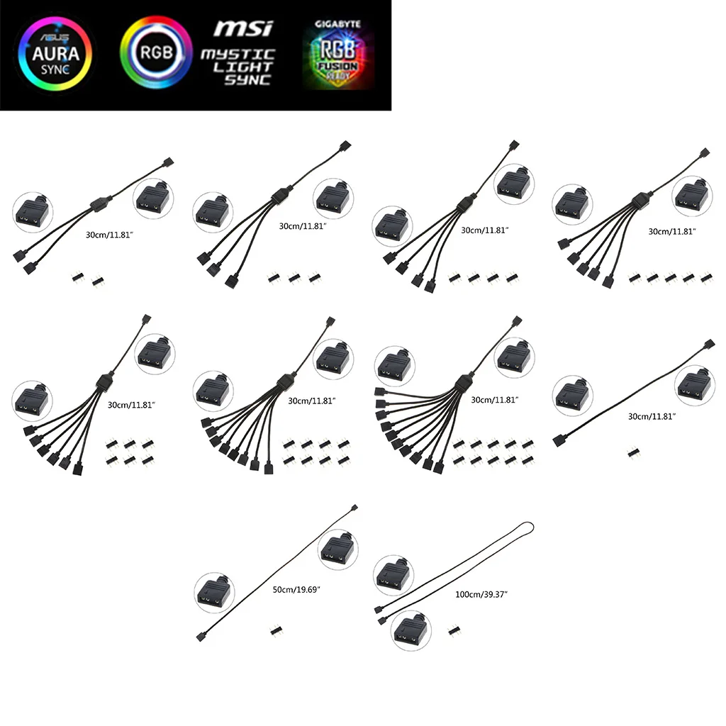 5V 3Pin RGB Splitter Cable CPU Cooler Extension Cable Connector Adapter Cord Wire PC Fan Power Extension Cable Converter