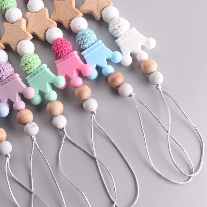 Baby Pacifier Chain Beech Wood Clips Pentagram Teether Silicone Crown Round Beads Teething Chain For Care Soother Chew Toys