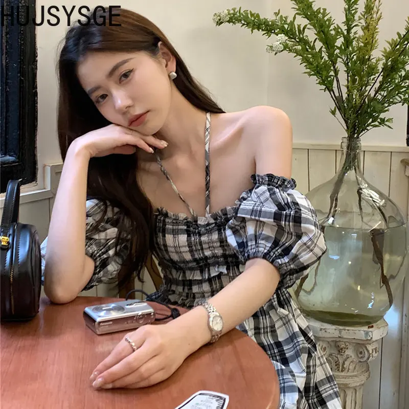 

Koijizayoi 2023 New Women Plaid Vintage Long Dress Summer Fashion Sexy Slash Neck Dresses Office Lady Bodycon Party Dress