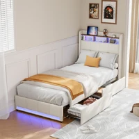 Lit avec bande lumineuse LED 90x200cm, lit double en tissu lin avec tiroirs, 2 ports USB et port de charge Type-C, cadre rembourré (matelas non inclus), gris/beige 2