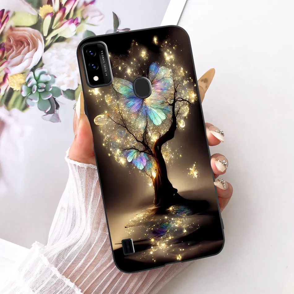Charming Floral Butterfly Cat Black Silicone Phone Case