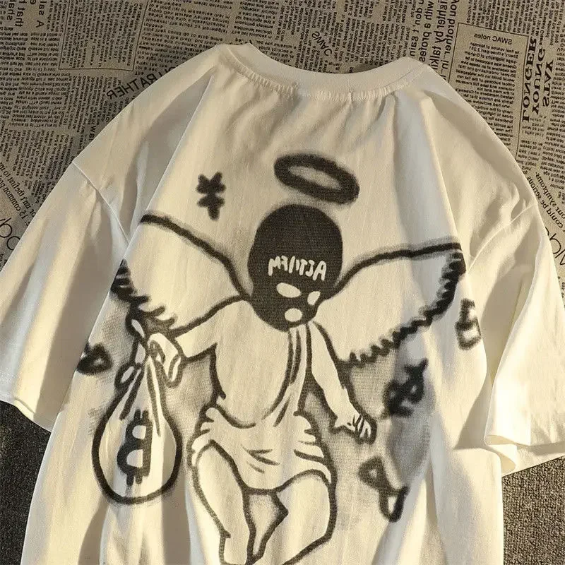 

European and American retro dark angel short sleeved t shirt men and women ins trend loose street style hip hop couple dress y2k