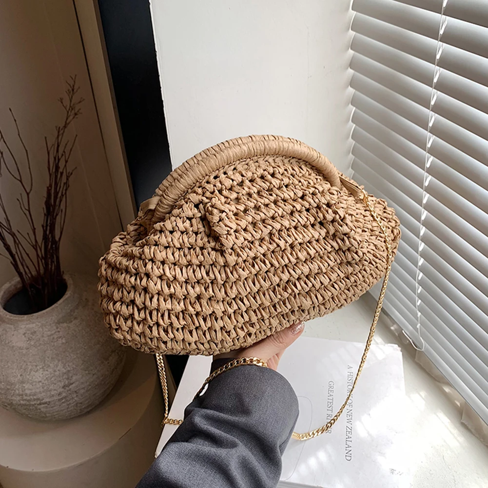 Women Straw Woven Bag Chain Strap Stylish Crossbody Bag Large Capacity Weaving Satchel Bag Solid Color for Party Vacation