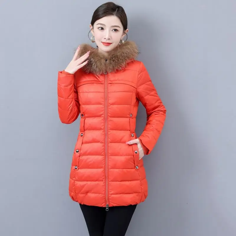 2023 New Women Down Jacket Winter Coat Female Mid Length Version Parkas Slim Fit Thick Warm Outwear Hooded Fur Collar Overcoat