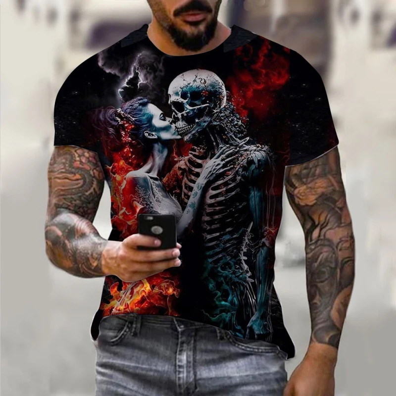 

Vintage T Shirts For Men Horror Undead Skull Pattern 3D Printed Short Sleeve Fashion Oversized T-shirt Casual Men's Clothing