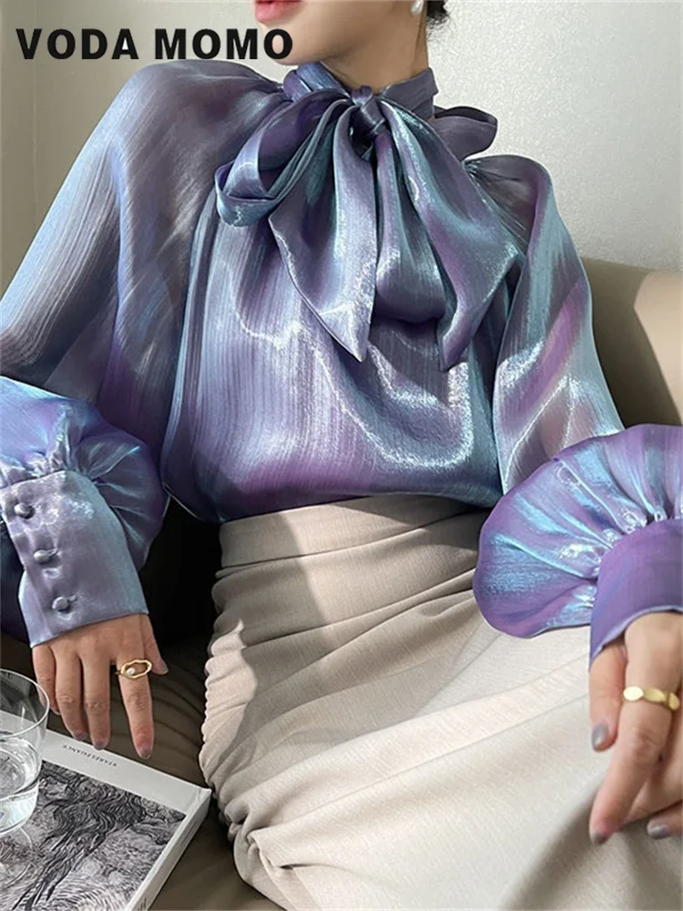 새로운 랜턴 슬리브 보우 레이스 업 셔츠 여성 기본 우아한 셔츠 루즈 한 여성 블라우스 봄 여름 부드러운 통근 바람 모든 경..