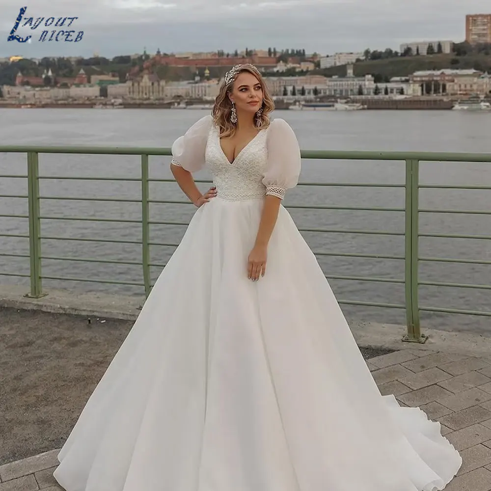 

LAYOUT NICEB Half Puff Sleeve Lace Wedding Gown V-Neck A-Line Backless Bridal Dress Lace Up Back Custom Made 2024 vestido branc