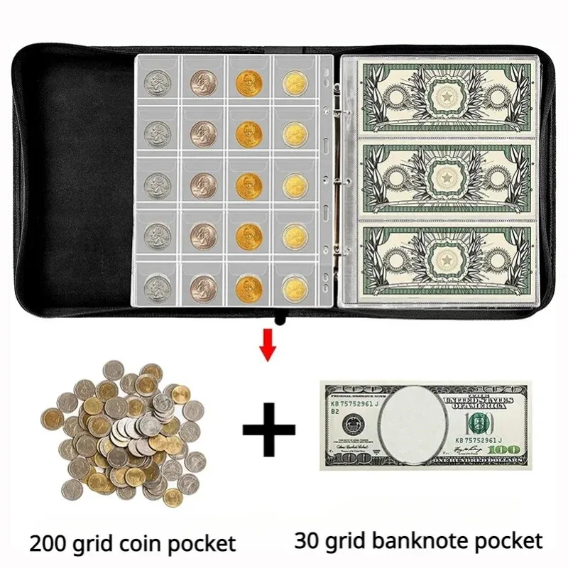 Protection Coin Collection Book Photocards Holder 200 Coins 30 Paper Money PVC Transparent Philatelic Book Album Zipper