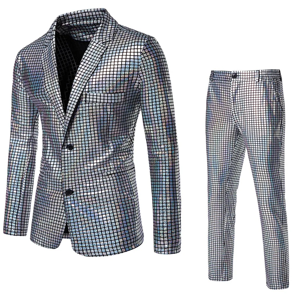 Men's Sequin Hot Stamping Suit Disco Cosplay Party Stage Nightclub Shiny and Cool Performance Suit Set SizeS-3XL Fashionable