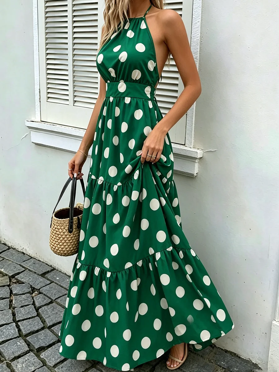 Strandkleid mit Neckholder-Ausschnitt, gestuft, grün-weiß gepunktet, Maxikleid, Sommerkleid für Damen, Urlaub & Alltag