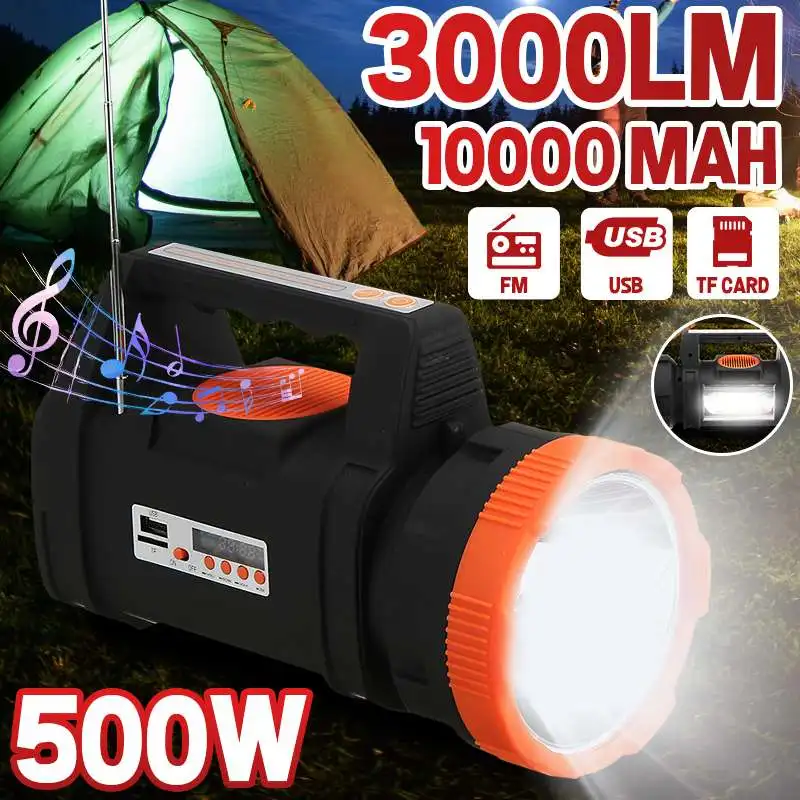 

500W 3000lm Powerful LED Flashlight 1000m 10000MAh Rechargeable Work Light Emergency Outdoor Camping Light FM bluetooth Playback