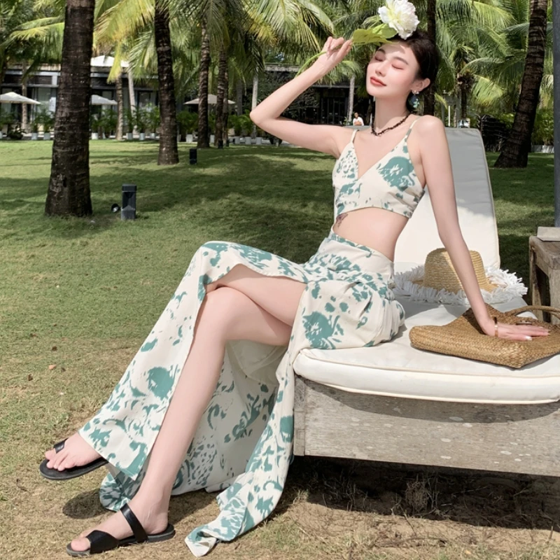 

Сексуальный разрез купальник с юбкой Принт Холтер пляжное праздничное платье для женщин